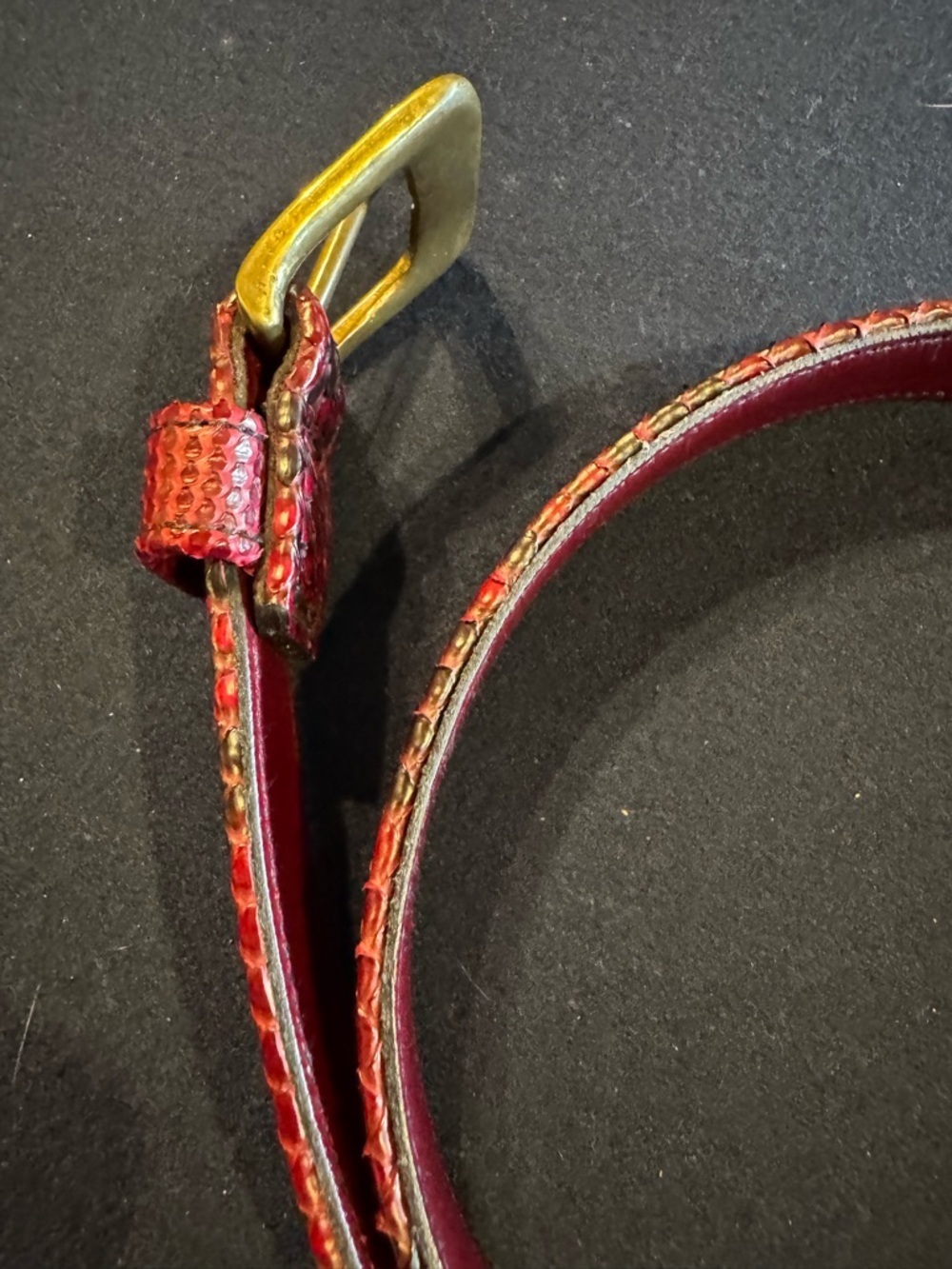 Italian Red Snakeskin Textured Leather Belt with Brass Buckle Sz M - Picture 8 of 10